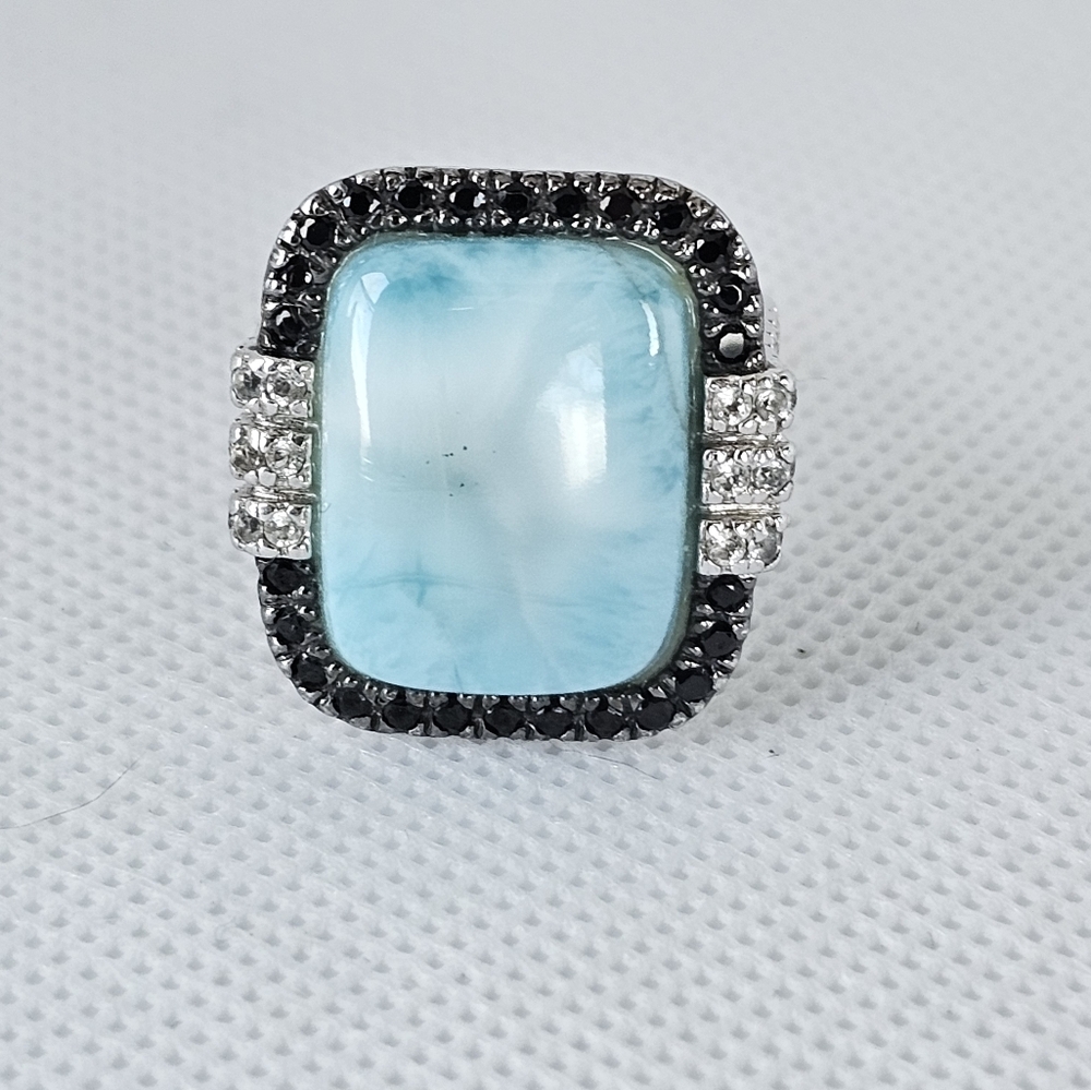 Genuine Larimar, Black Spinel, & White Topaz Sterling Silver Ring Size 7